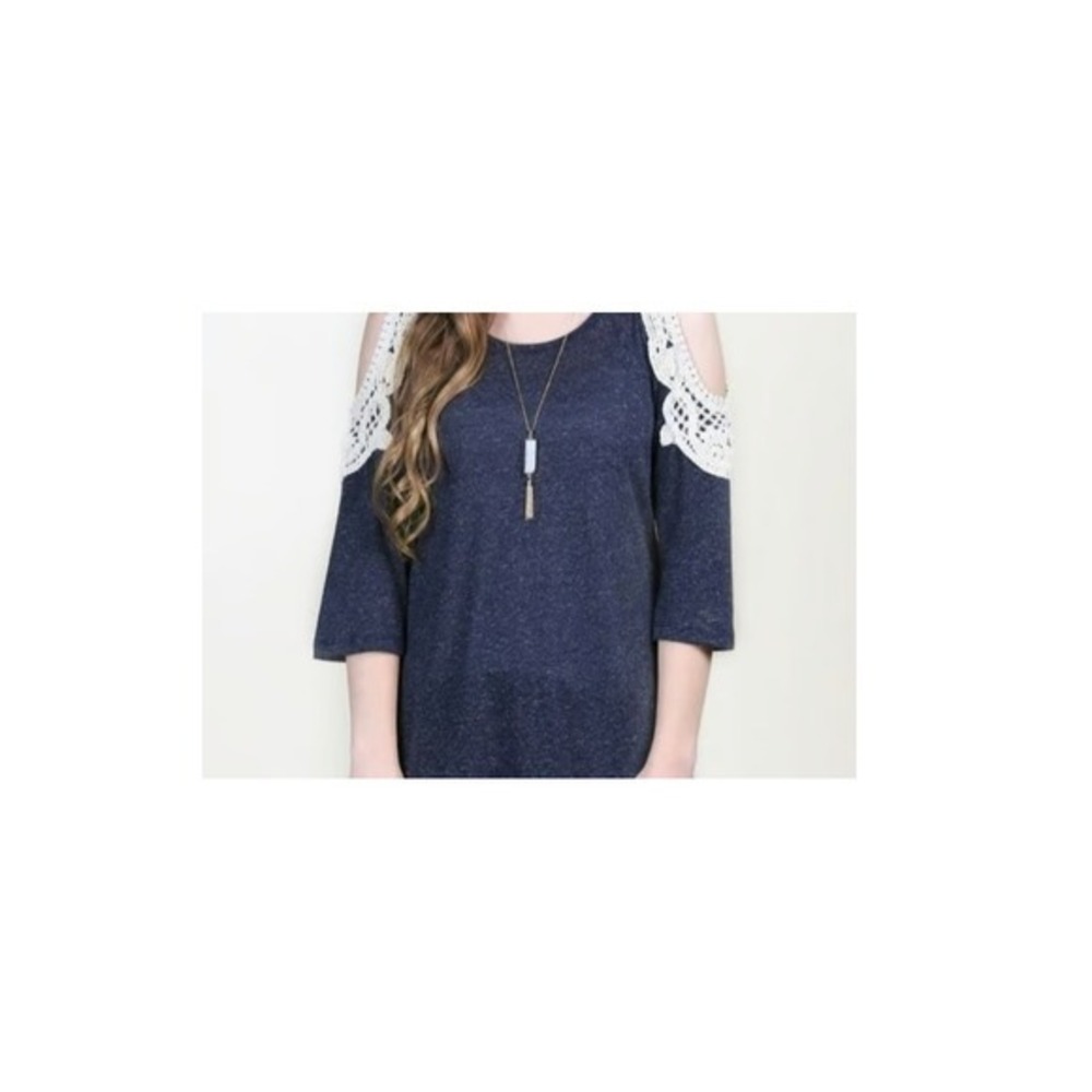Grace & Emma Women 2XL Heathered Navy Crochet Cold‎ Shoulders Half Sleeve Blouse